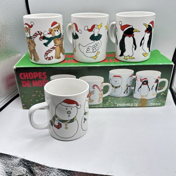 Vintage 1980s X4 Christmas Mugs 10 oz Porcelain Kitschmas In Box Kitsch - Picture 2 of 12
